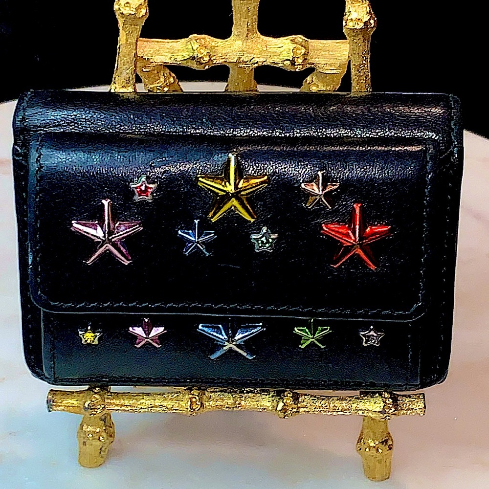 JIMMY CHOO NEMO BLACK RAINBOW STAR MIX TRIFOLD WALLET RARE LEATHER